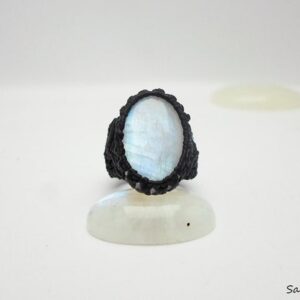 Rainbow Moonstone Ring: Black Micro Macrame, June Birthstone