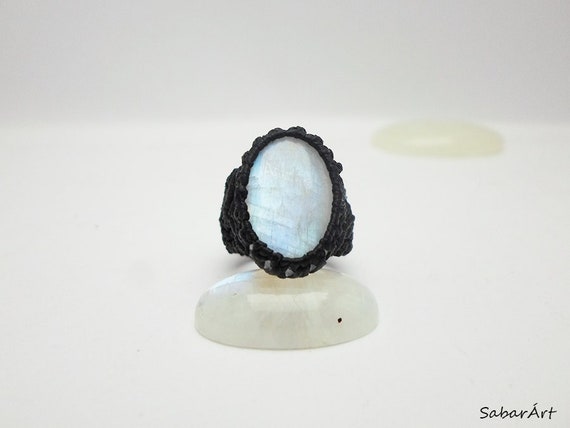Rainbow Moonstone Ring: Black Micro Macrame, June Birthstone