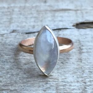 Elegant Romantic Marquise Rainbow Moonstone In Sterling Silver With Rose Gold Filled Ring Band | Moonstone Ring | Mixed Metals Ring