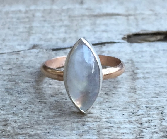 Elegant Romantic Marquise Rainbow Moonstone In Sterling Silver With Rose Gold Filled Ring Band | Moonstone Ring | Mixed Metals Ring