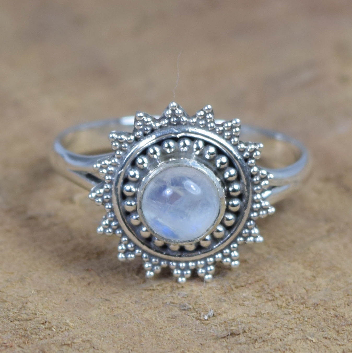 Rainbow Moonstone Flower Ring: Sterling Silver Elegant June Birthstone