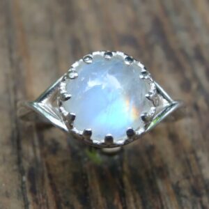 Handmade Rainbow Moonstone Crown Ring: Sterling Silver Statement Ring