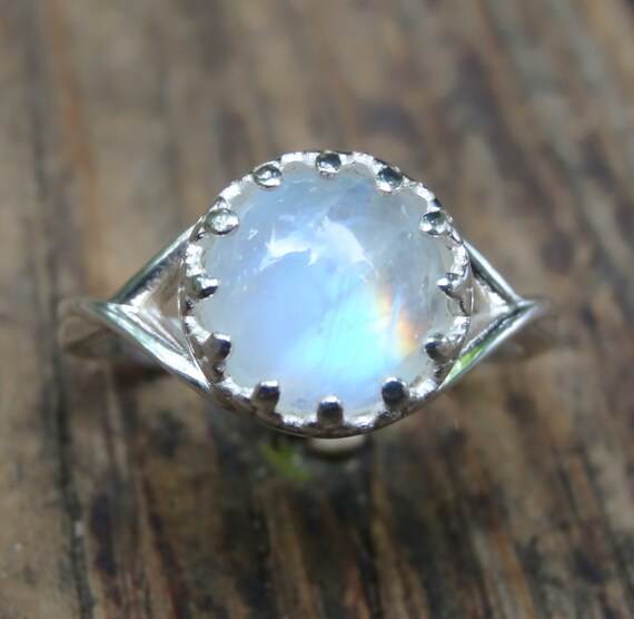Handmade Rainbow Moonstone Crown Ring: Sterling Silver Statement Ring