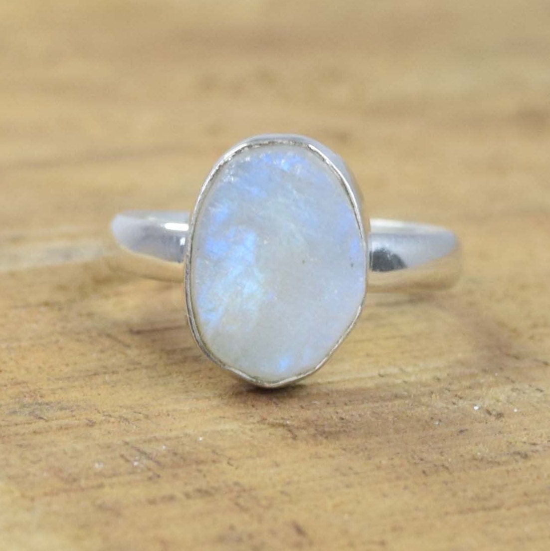Handmade Rainbow Moonstone Ring: Rough Gemstone, 925 Sterling Silver