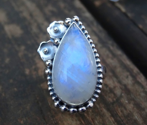 Handmade Sterling Silver Rainbow Moonstone Ring, Botanical Granulation Handmade Sterling Silver Rainbow Moonstone Ring, Botanical Granulation