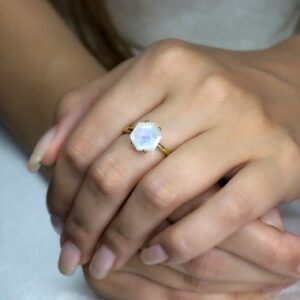 Hexagon Cut Gemstone Ring · Rainbow Moonstone Gold Stacking Ring · June Birthstone Ring · Gold Engagement Ring · Iridescent Rainbow Ring Hexagon Cut Gemstone Ring · Rainbow Moonstone Gold Stacking Ring · June Birthstone Ring · Gold Engagement Ring · Iridescent Rainbow Ring