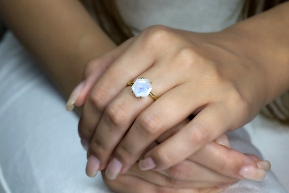 Hexagon Cut Gemstone Ring · Rainbow Moonstone Gold Stacking Ring · June Birthstone Ring · Gold Engagement Ring · Iridescent Rainbow Ring