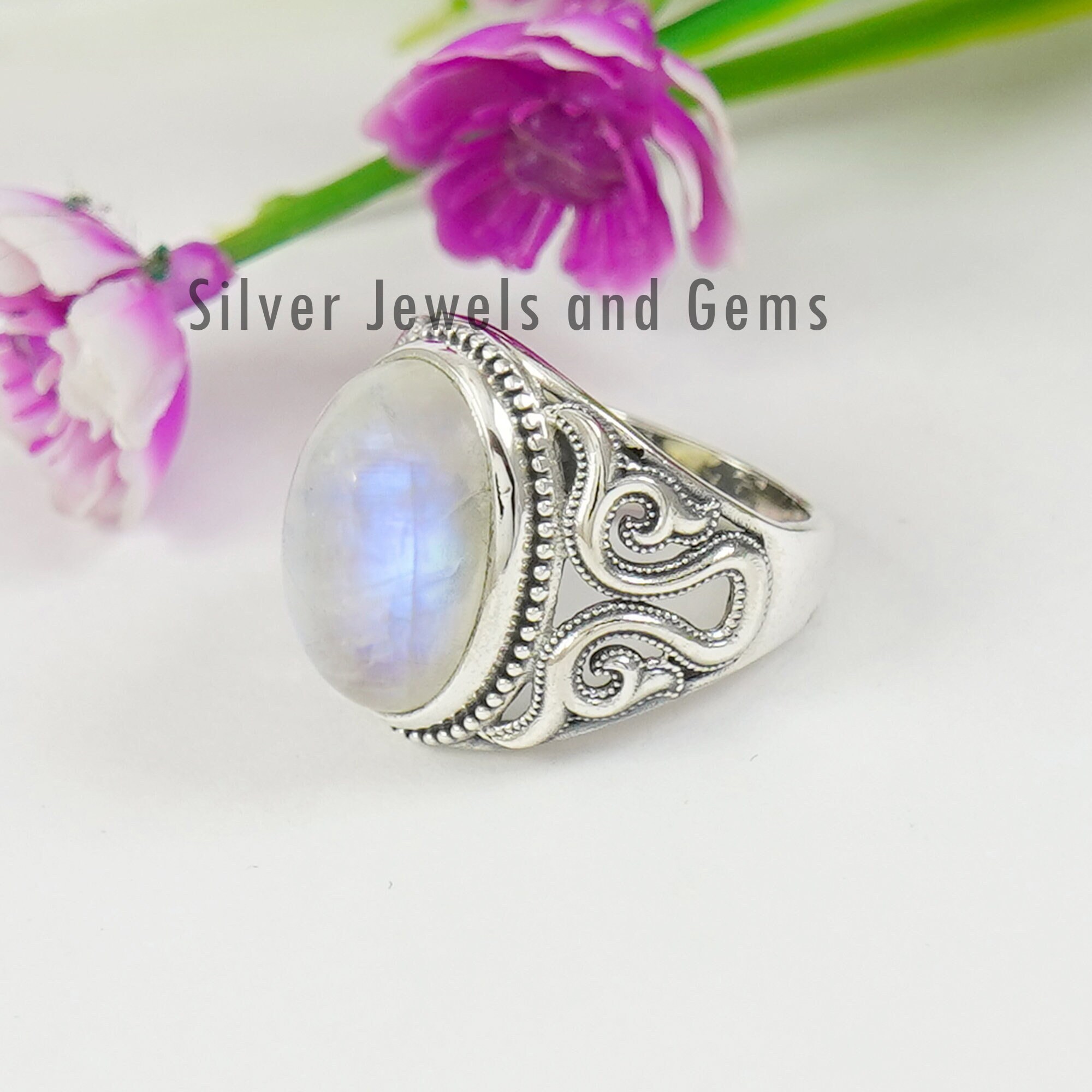 Oval Natural Moonstone Ring, Boho Sterling Silver Handmade Ring