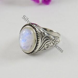 Rainbow Moonstone Ring, Oval Gemstone, 925 Sterling Silver, Boho Ring