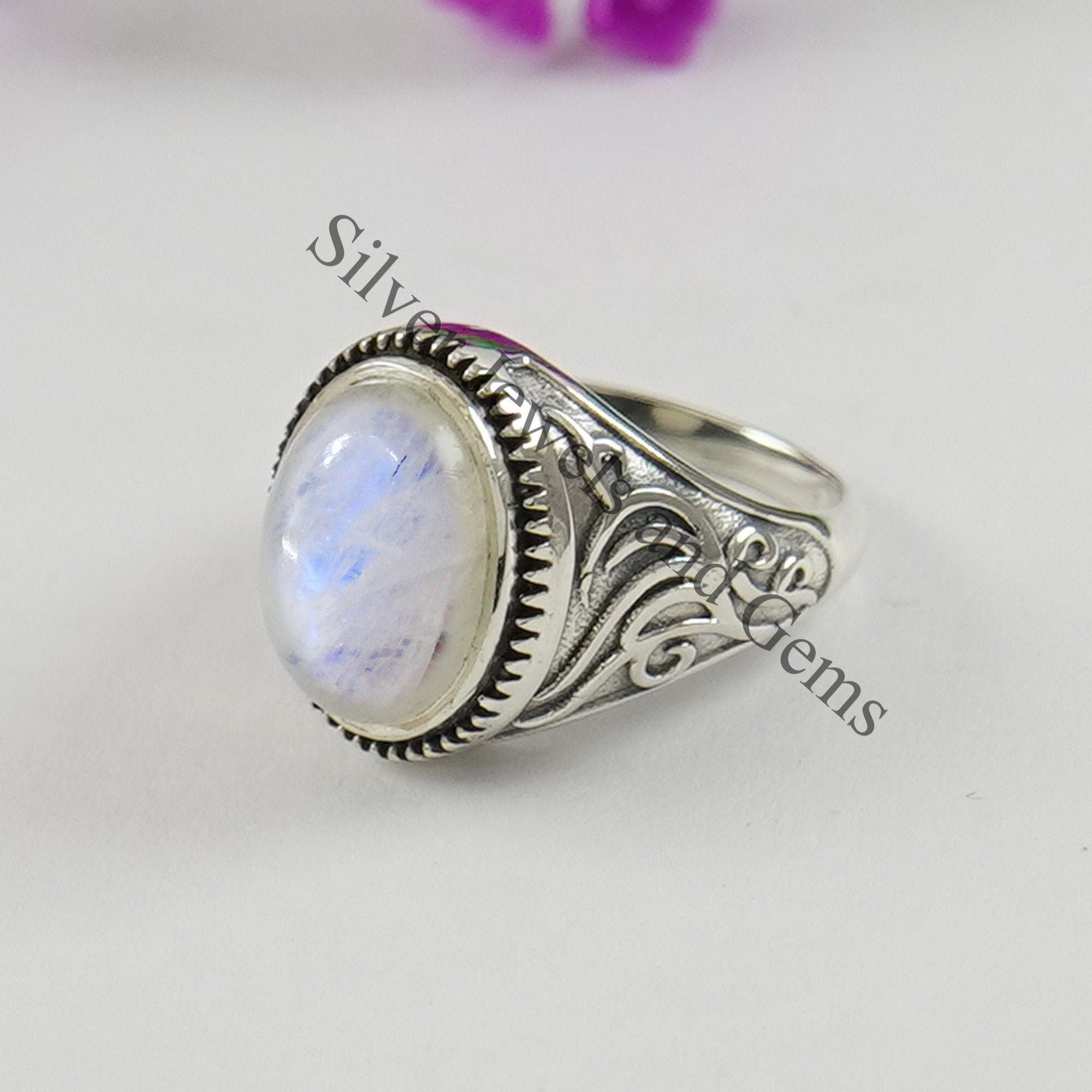 Rainbow Moonstone Ring, Oval Gemstone, 925 Sterling Silver, Boho Ring