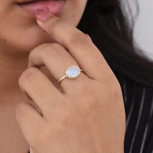 Oval Rainbow Moonstone Ring, Simple Band Ring, 925 Sterling Silver, Free Shipping, White Color Stone, Gemstone Jewelry, Gift For Her Jewelry