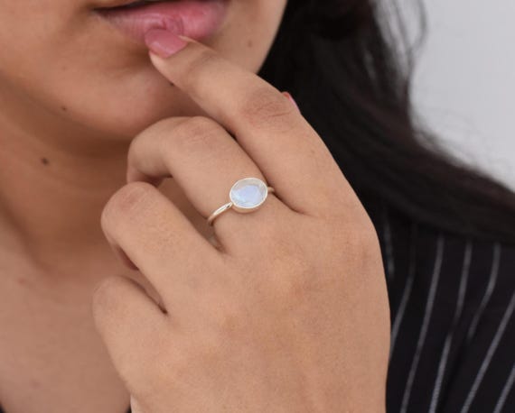 Oval Rainbow Moonstone Ring, Simple Band Ring, 925 Sterling Silver, Free Shipping, White Color Stone, Gemstone Jewelry, Gift For Her Jewelry