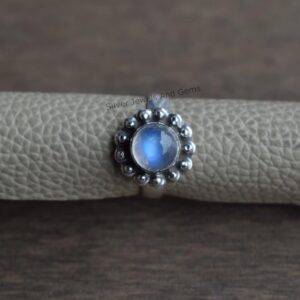 Round Rainbow Moonstone Ring, 925 Sterling Silver, Boho Style