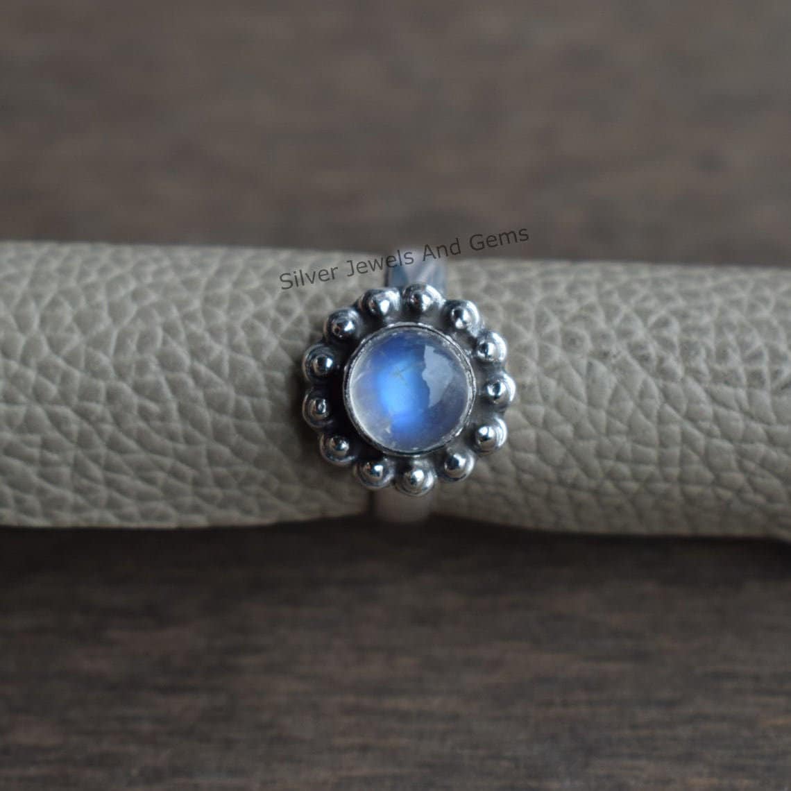Round Rainbow Moonstone Ring, 925 Sterling Silver, Boho Style