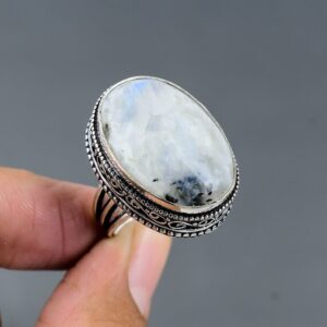 Rainbow Moonstone Ring: Vintage Floral Sterling Silver Solitaire, Size 7 3/4