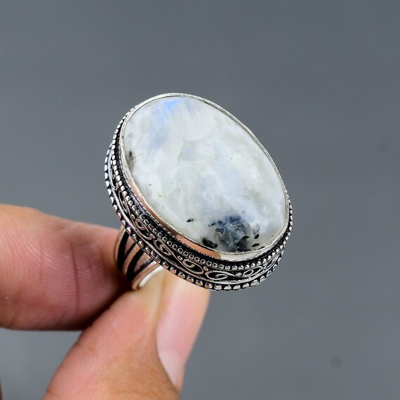 Rainbow Moonstone Ring: Vintage Floral Sterling Silver Solitaire, Size 7 3/4
