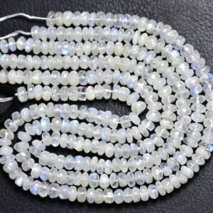 Rainbow Moonstone Rondelle Beads - 13 Inches - Natural Smooth Rainbow Moonstone Blue Flashes Rondelle - Size 6 - 6.5 #2753 Rainbow Moonstone Rondelle Beads - 13 Inches - Natural Smooth Rainbow Moonstone Blue Flashes Rondelle - Size 6 - 6.5 #2753