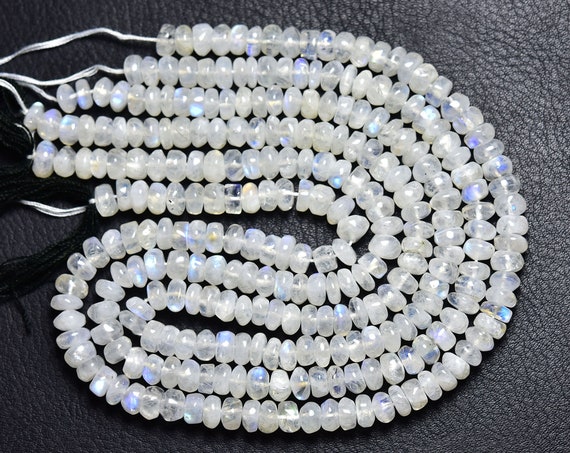 Rainbow Moonstone Rondelle Beads - 13 Inches - Natural Smooth Rainbow Moonstone Blue Flashes Rondelle - Size 6 - 6.5 #2753 Rainbow Moonstone Rondelle Beads - 13 Inches - Natural Smooth Rainbow Moonstone Blue Flashes Rondelle - Size 6 - 6.5 #2753