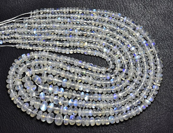 Blue Fire Rainbow Moonstone Rondelle Beads - 18 Inches - Natural Smooth Rainbow Moonstone Blue Flashes Rondelle - Size 4 - 9 #2840