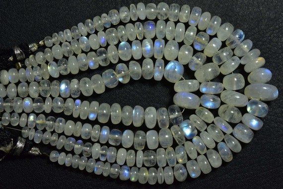 Blue Fire Rainbow Moonstone - 7 Inches - Natural Big Smooth Rainbow Moonstone Rondelle Beads - Size Is 5-9 Mm #1663