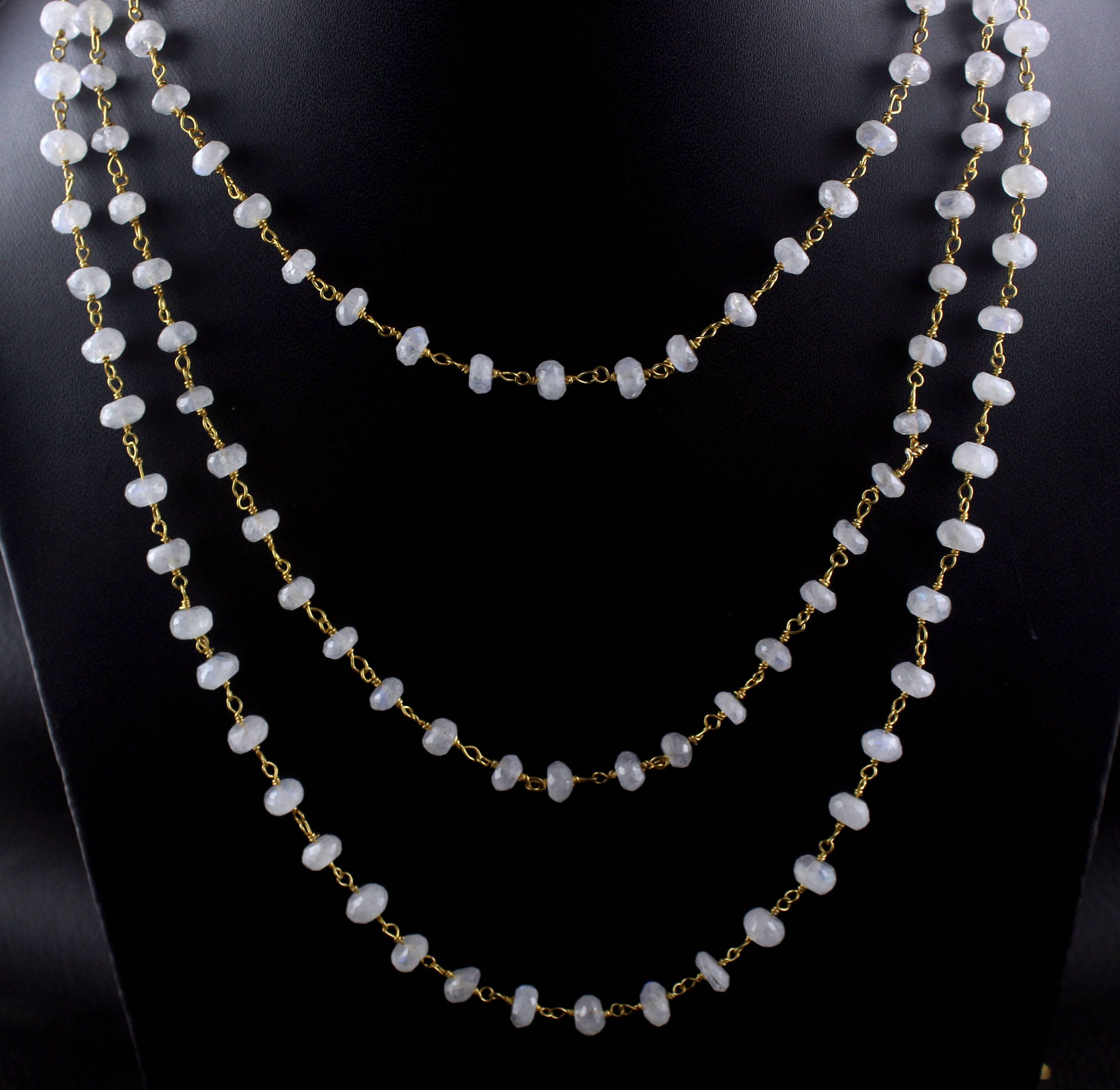 Gold Plated White Rainbow Moonstone Rosary Chain: 5-6mm Rondelle, Sold Per Foot
