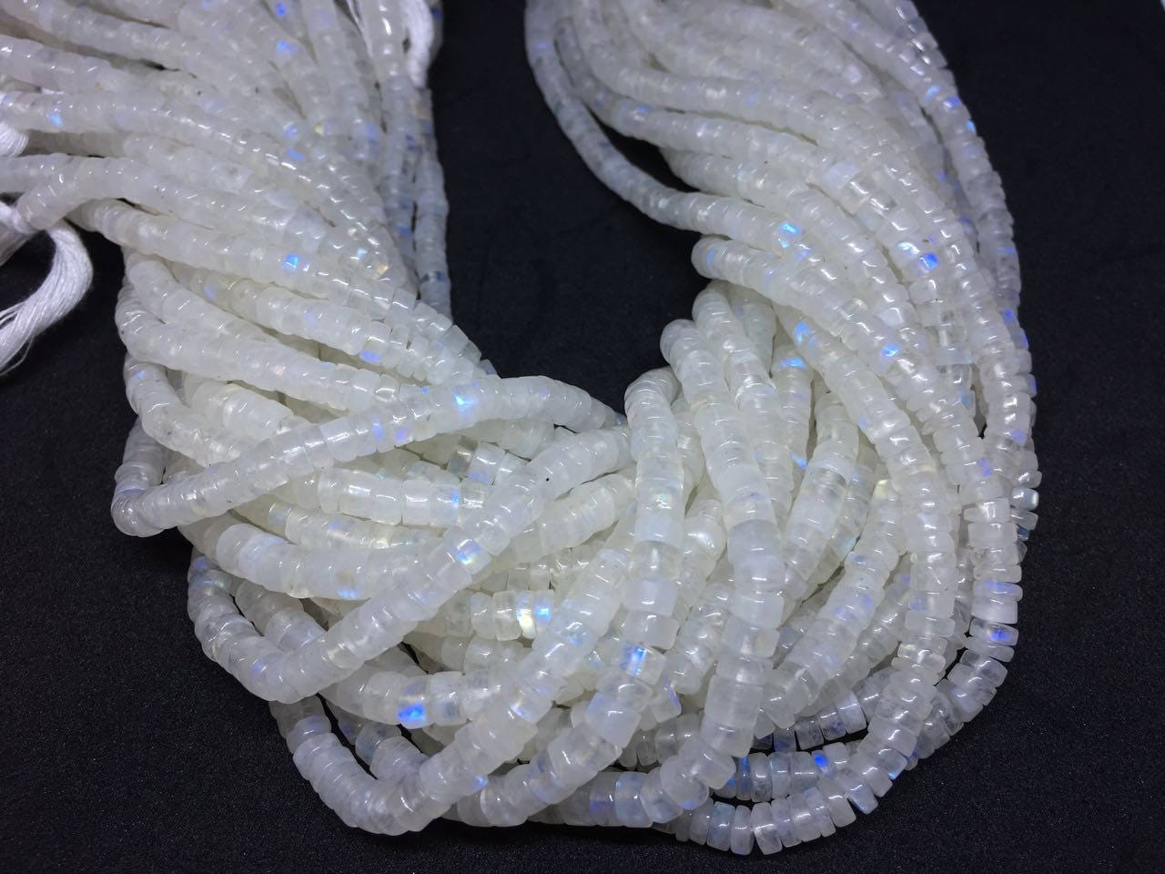 Pack Of 2 Strands- Natural White Rainbow Moonstone Smooth Tyre Shape Gemstone Beads, 5-6mm Blue Fire Beads, 15 Inches Strand For Jewelry