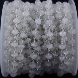 Sterling Silver White Rainbow Moonstone Rosary Chain - Rondelle Gemstone (sold Per Foot)