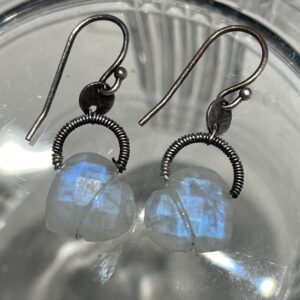 Rainbow moonstone carved heart  briolette, sterling silver coil bail, French style earwire