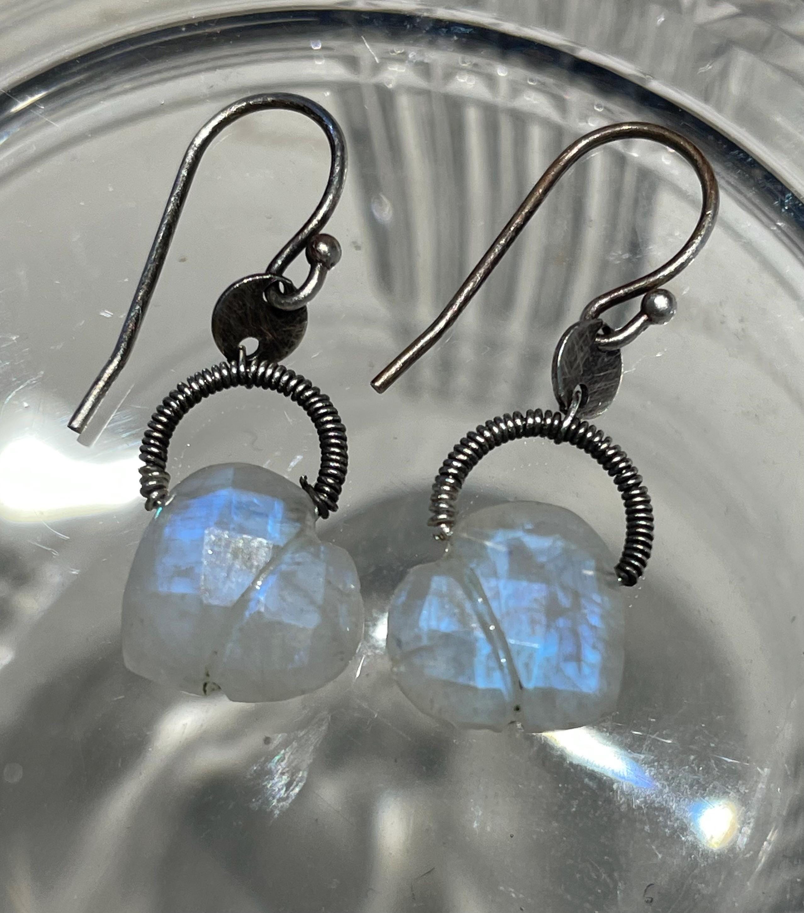 Rainbow Moonstone Carved Heart  Briolette, Sterling Silver Coil Bail, French Style Earwire
