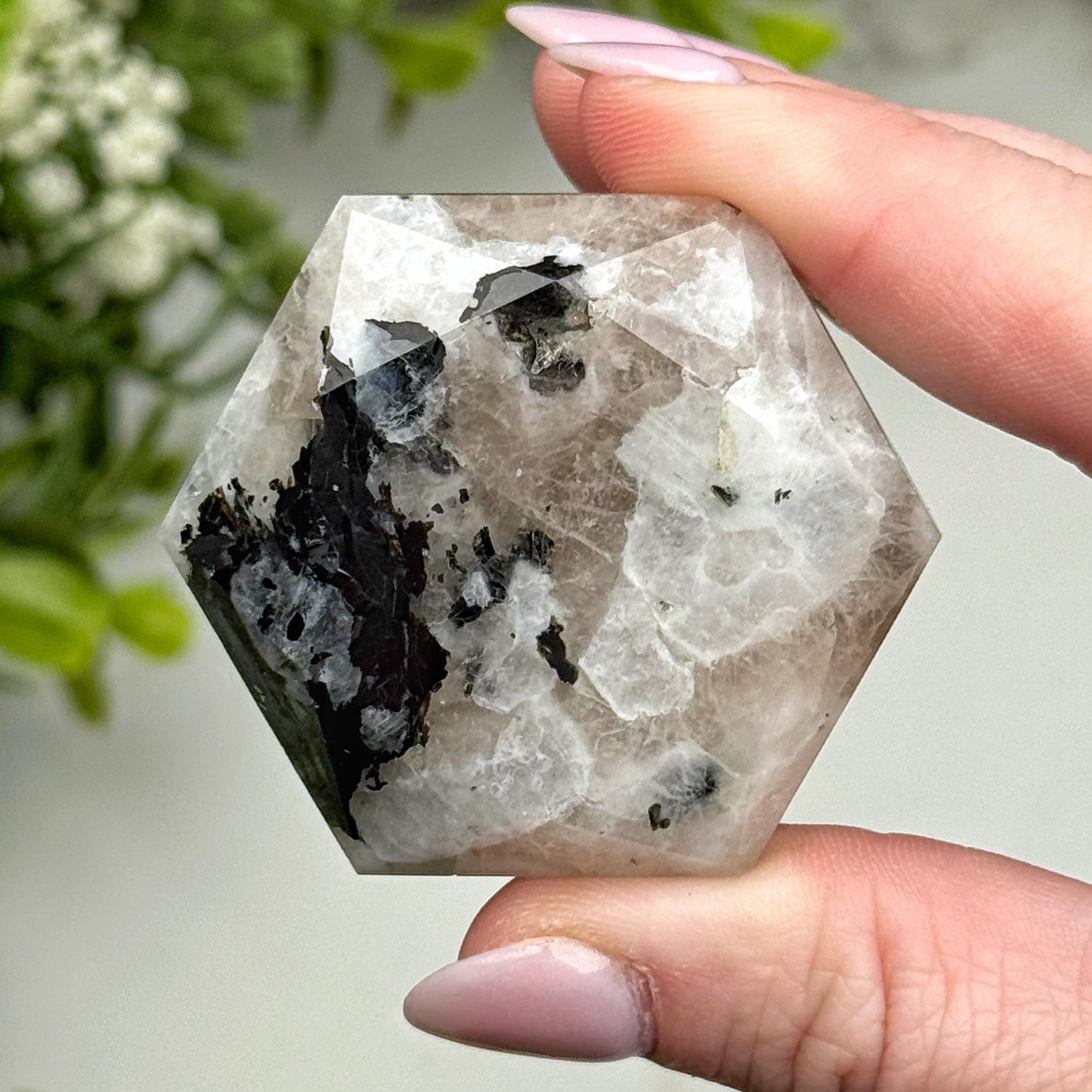 Rainbow Moonstone Hexagon | 42g | - #17 (polished White Crystal Carving, Crown Chakra, Balance)