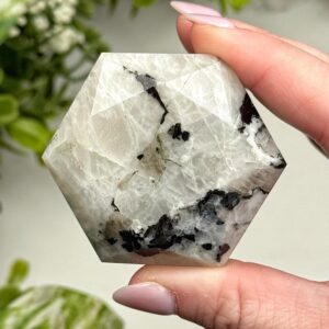 Rainbow Moonstone Hexagon | 70g | - #15 (polished White Crystal Carving, Crown Chakra, Balance)