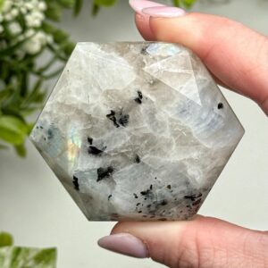 Rainbow Moonstone Hexagon | 76g | - #1 (polished White Crystal Carving, Crown Chakra, Balance)