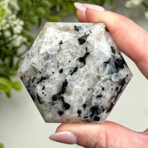 Rainbow Moonstone Hexagon | 82g | - #12 (polished White Crystal Carving, Crown Chakra, Balance)