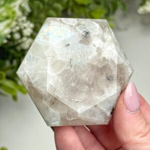 Rainbow Moonstone Hexagon | 85g | - #14 (polished White Crystal Carving, Crown Chakra, Balance)