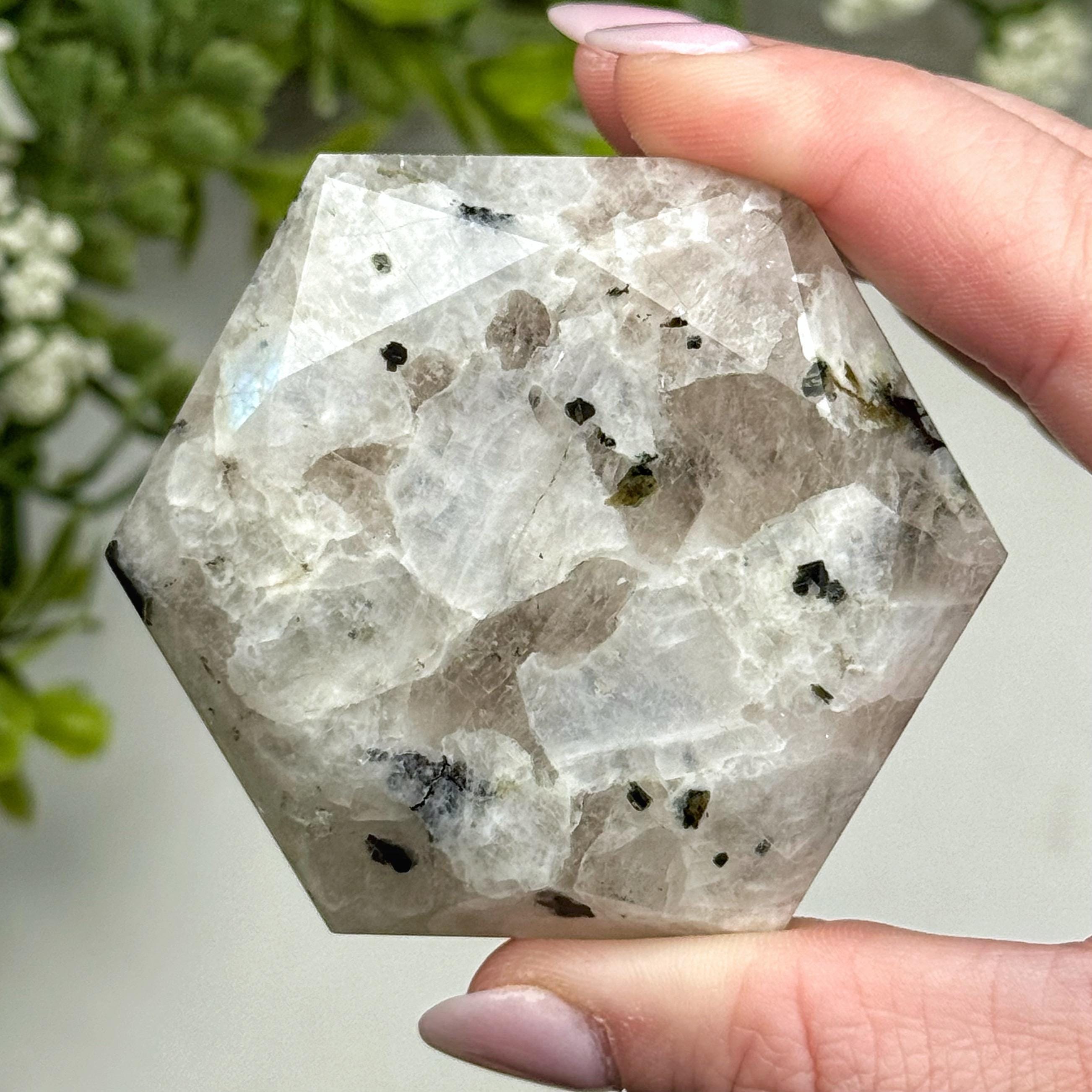 Rainbow Moonstone Hexagon | 93g | - #2 (polished White Crystal Carving, Crown Chakra, Balance)