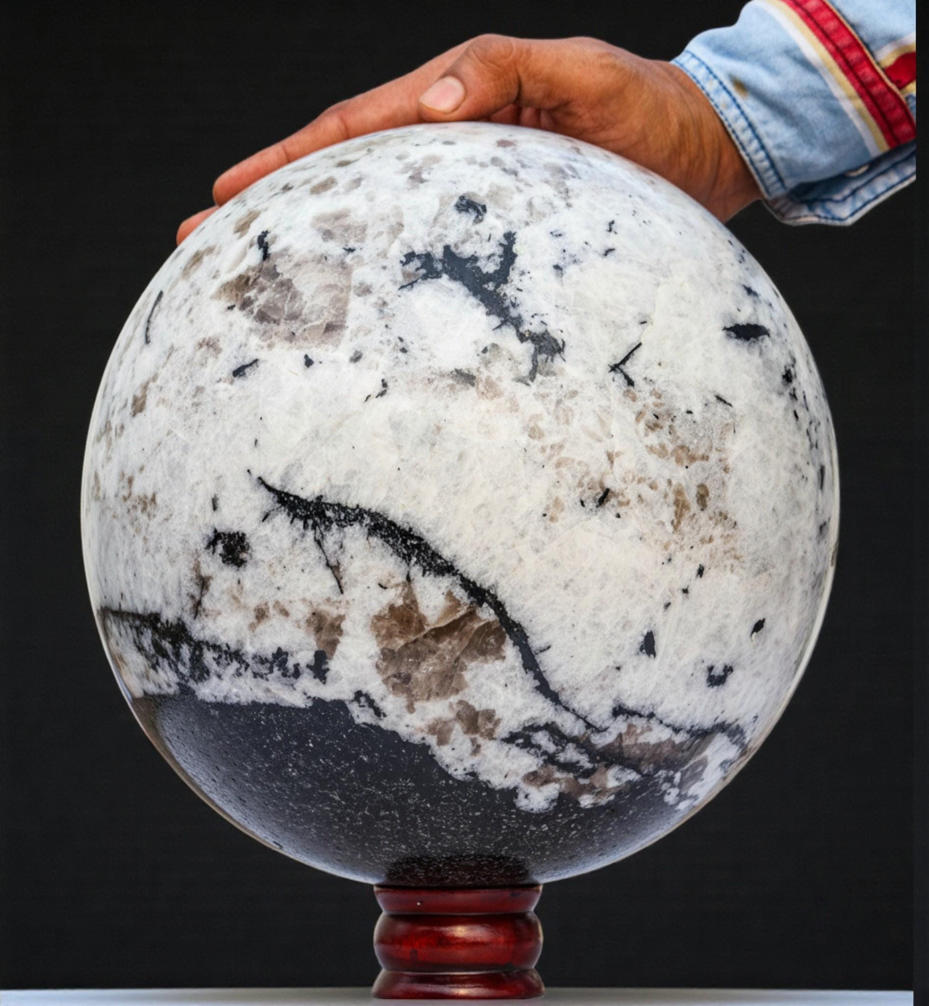 Rainbow Moonstone Sphere: Black Schorl Crystal Ball Energy Chakra Balancing Stone (260mm)