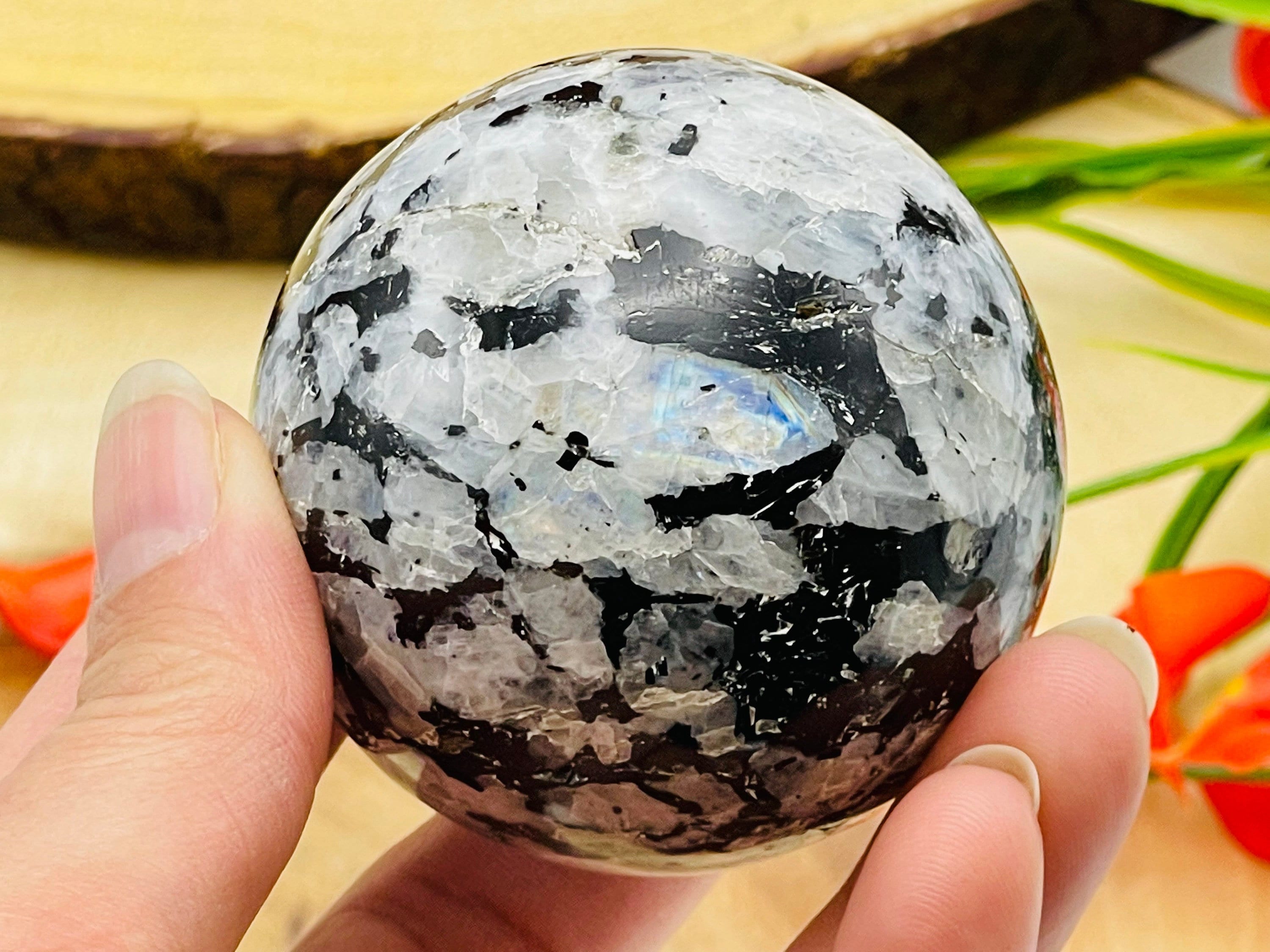 Rainbow Moonstone Sphere, Crystal Ball, Stress Reliever, Healing Stone, 2"- 2.5" (50 - 60 Mm)
