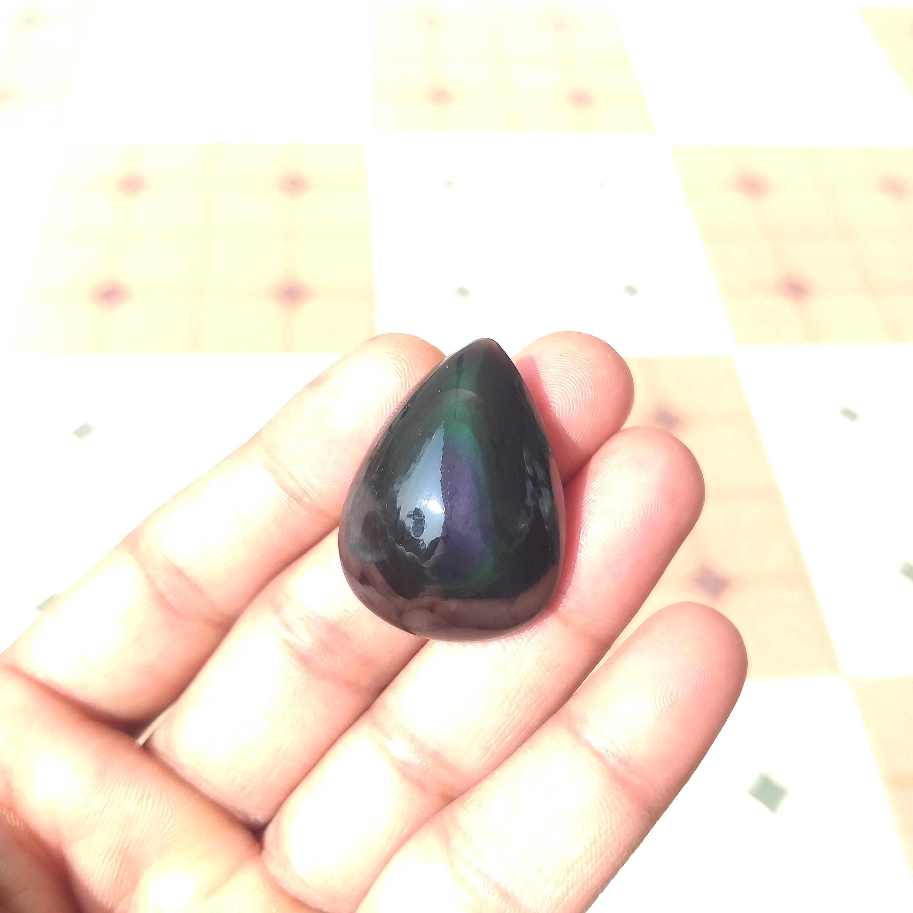Rainbow Obsidian Eye : Handmade Polished Pear Shape Cabochon (35x26x13 Mm) 63 Carat