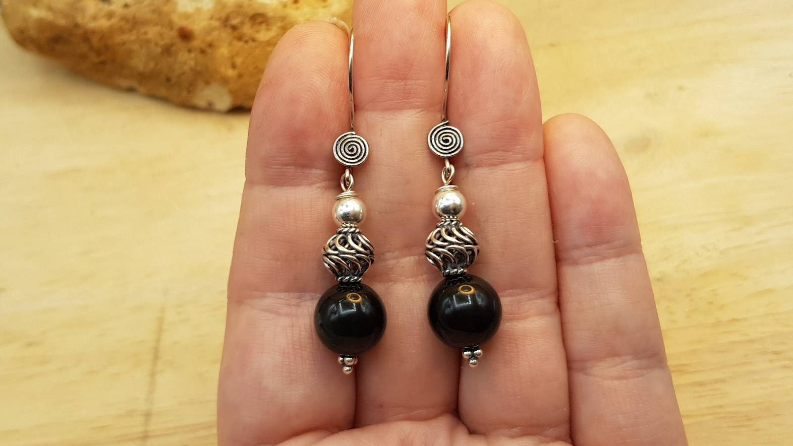 Rainbow Obsidian Earrings. Bali Silver. Reiki Jewelry Uk. Black Gemstone 10mm. Dangle Drop Earrings For Women. Empowered Crystals