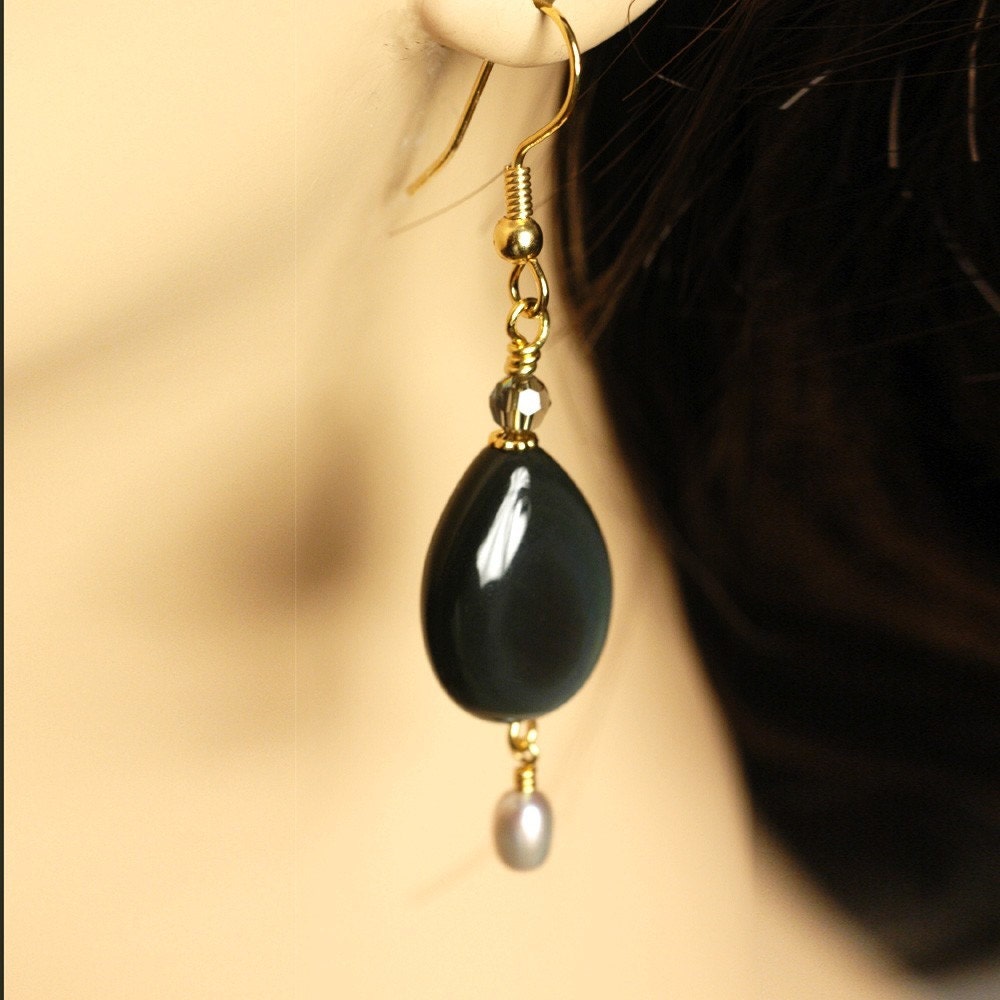 Dark Rainbow   ---   Rainbow Obsidian Earrings With Freshwater Pearls And Crystals - Dangle Earrings