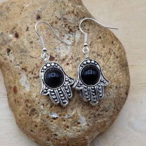 Hamsa Rainbow Obsidian Earrings. Reiki Jewelry Uk. Protection Symbol. Black 8mm Stone. Boho Gift For Women