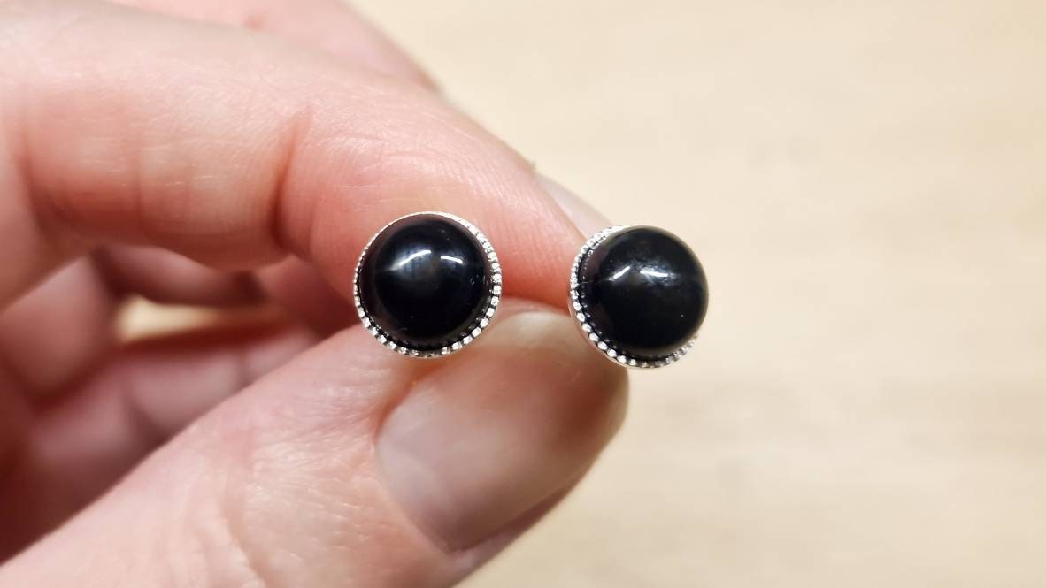 Rainbow Obsidian Stud Earrings. 925 Sterling Silver. Reiki Jewelry Uk. Black Obsidian Post Earrings. Round 8mm Stones