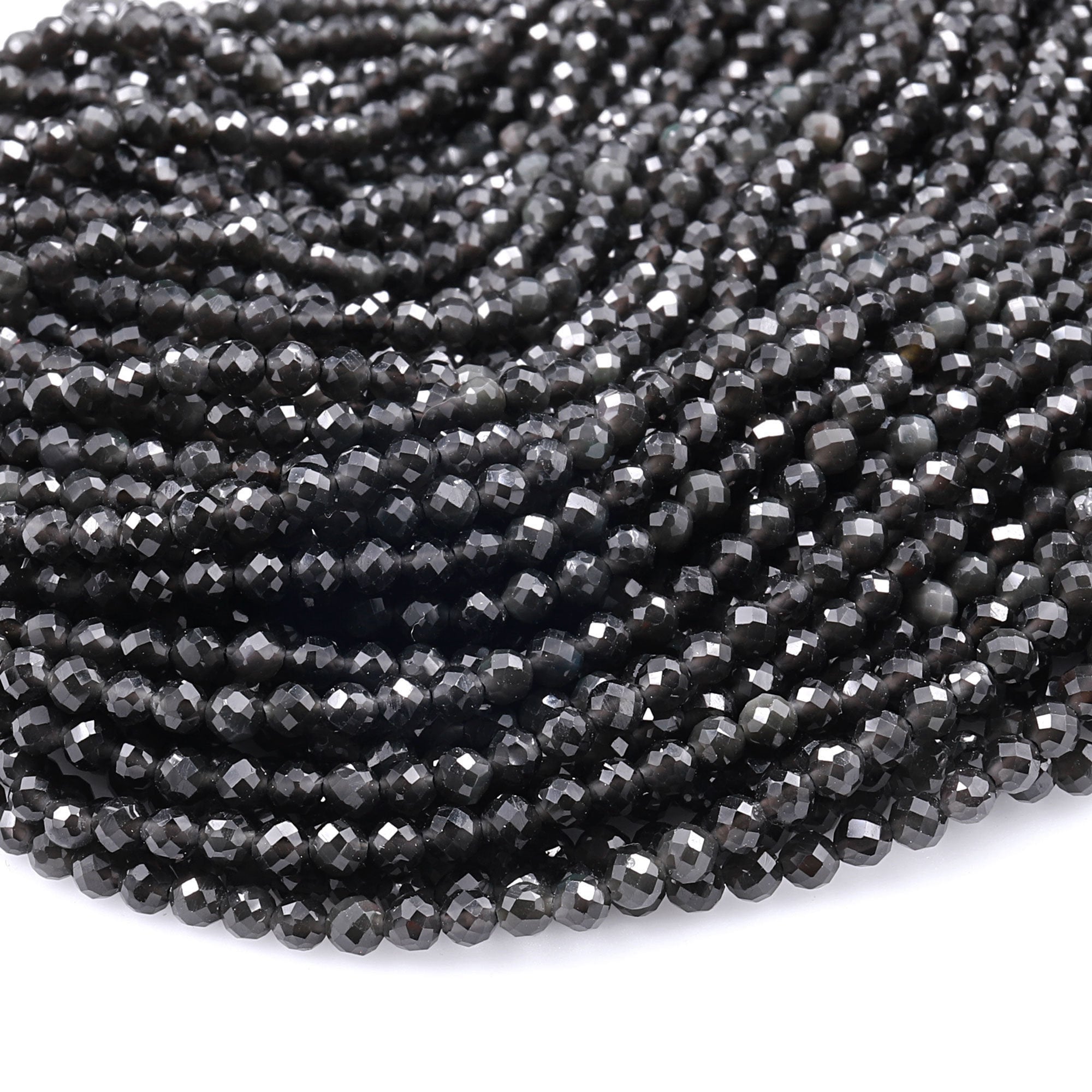 Genuine Natural Black Rainbow Obsidian Faceted 2mm 3mm 4mm Round Beads 15.5" Strand