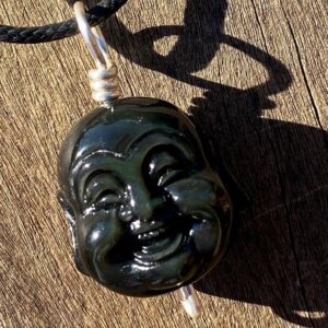 Hand Carved Rainbow Obsidian Laughing Buddha Healing Stone Necklace with Positive Energy!