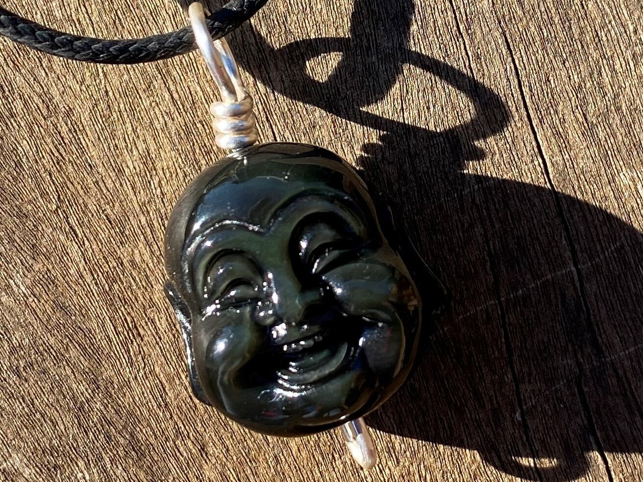 Hand Carved Rainbow Obsidian Laughing Buddha Healing Stone Necklace With Positive Energy!