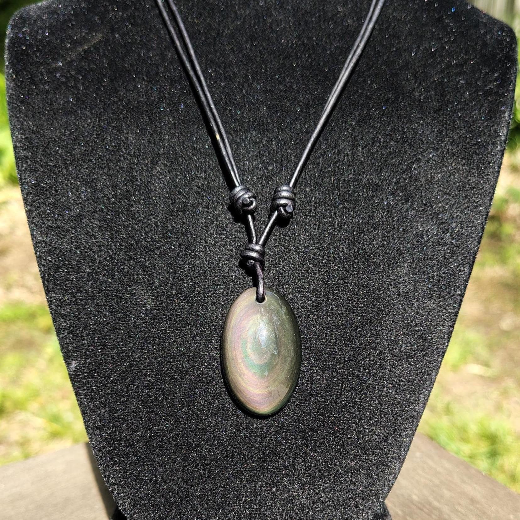 Rainbow Obsidian Pendant Adjustable Leather Necklace Handmade By Chris Hay