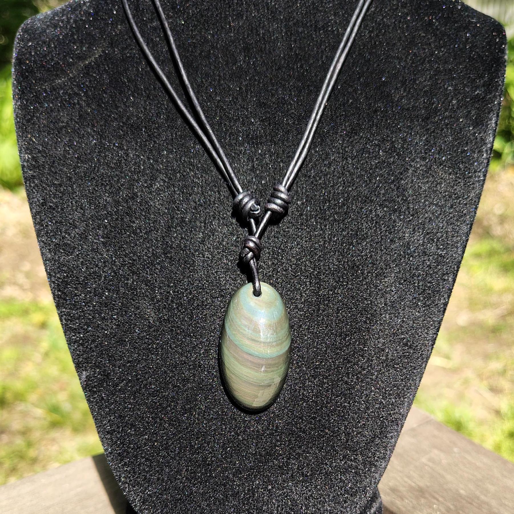Rainbow Obsidian Pendant Adjustable Leather Necklace Handmade By Chris Hay