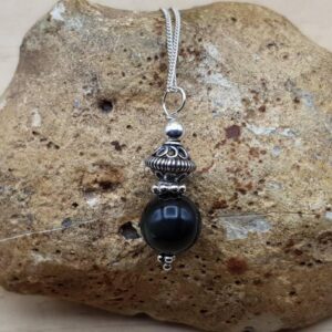 Rainbow Obsidian pendant. Bali silver. Reiki jewelry uk. Black semi precious stone 10mm