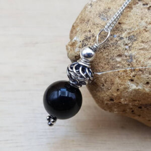 Rainbow Obsidian pendant. Bali silver. Reiki jewelry uk. Black semi precious stone 10mm