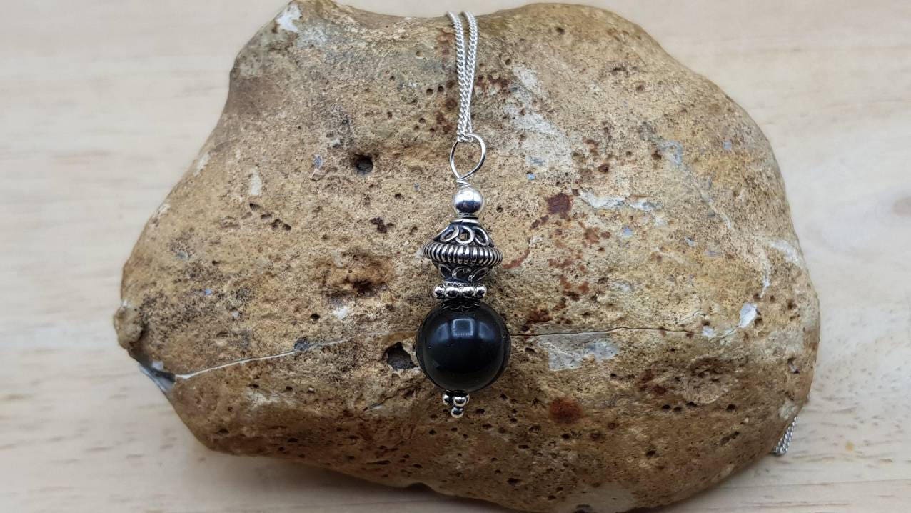 Rainbow Obsidian Pendant. Bali Silver. Reiki Jewelry Uk. Black Semi Precious Stone 10mm
